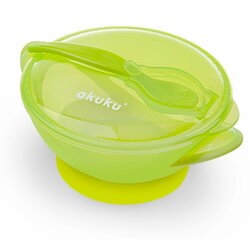 Dětská cestovní miska s přísavkou, víčkem a lžičkou zelená 