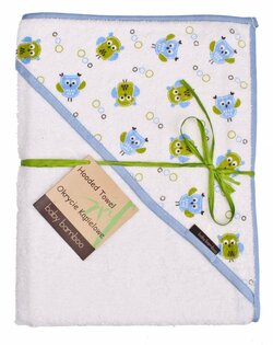 Bambusová osuška s kapucí 100x100 cm sovičky bílá/modrý lem