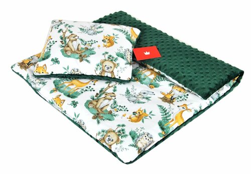 Polštářek + deka do kočárku minky - lesní zvířátka/ zelená