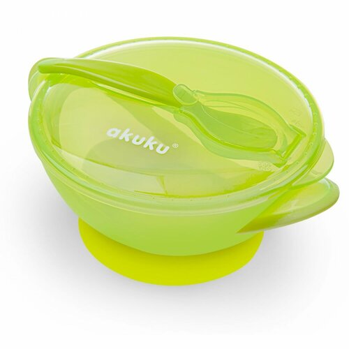 Dětská cestovní miska s přísavkou, víčkem a lžičkou zelená 