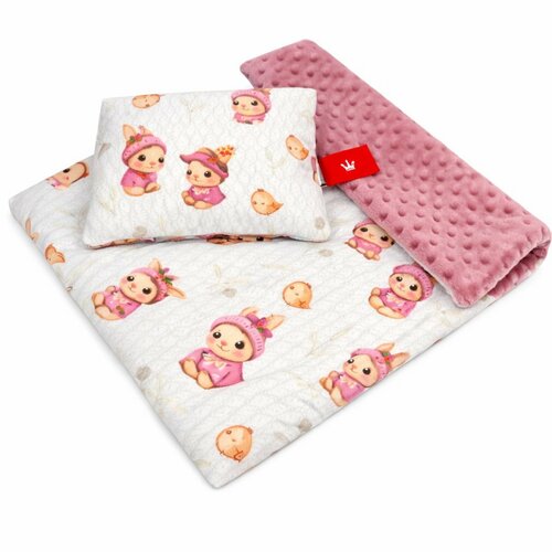 Polštářek + deka do kočárku minky - zajíček/ růžová