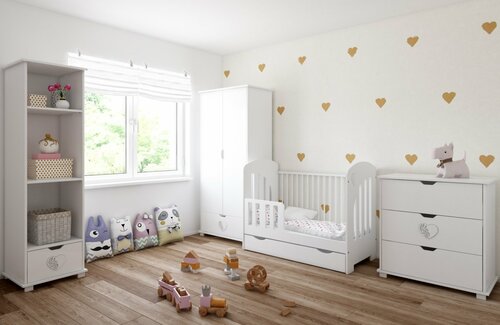 Postýlka 120/60 cm srdíčko se šuplíkem - bílá - 2v1