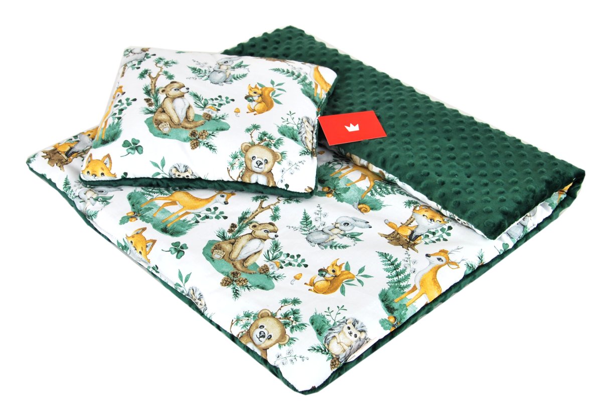 Polštářek + deka do kočárku minky - lesní zvířátka/ zelená