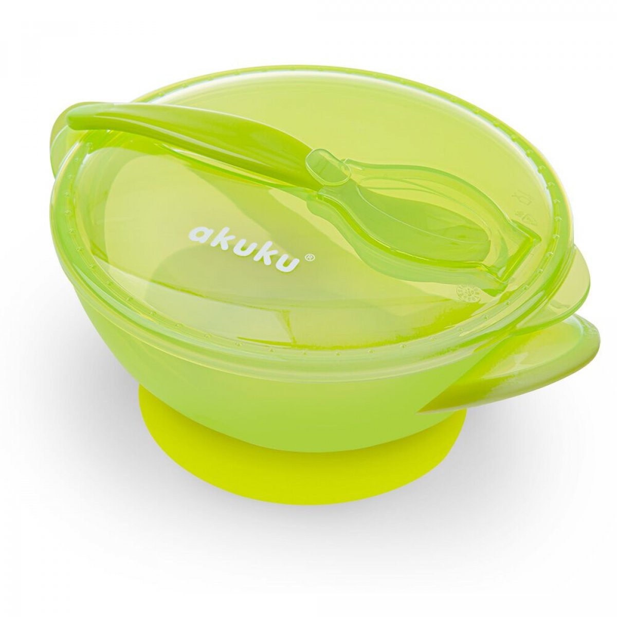 Dětská cestovní miska s přísavkou, víčkem a lžičkou zelená 