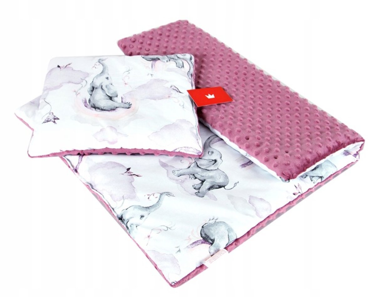 Polštářek + deka do kočárku minky - slůně/ růžová