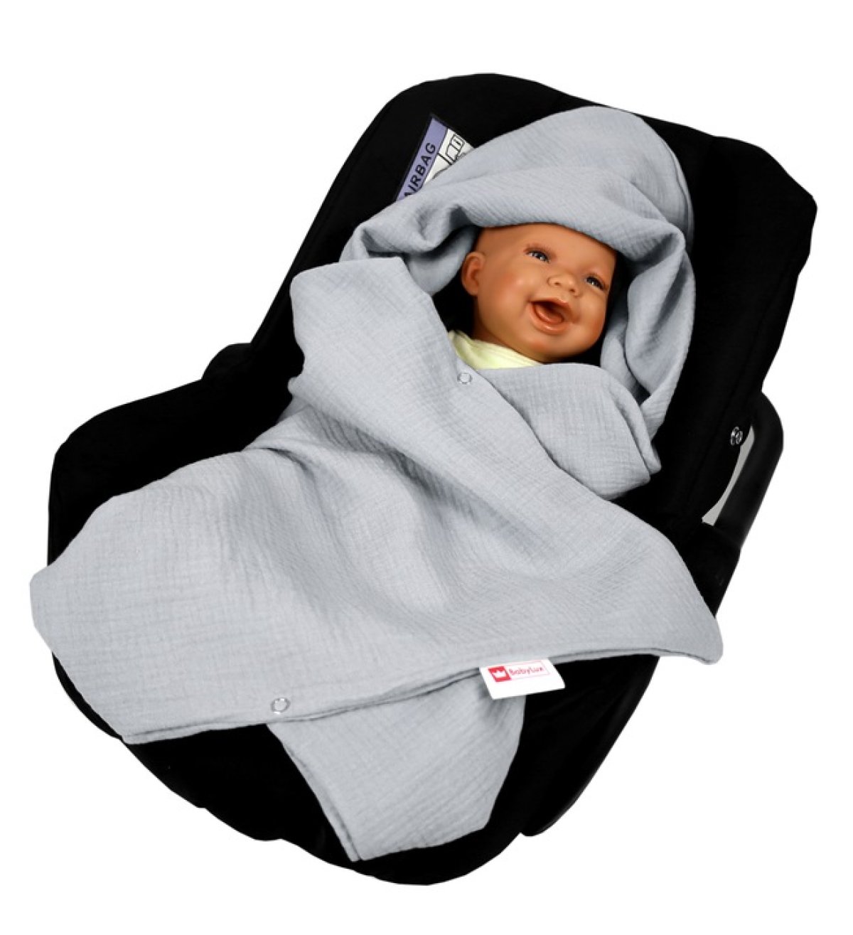 Mušelínová deka s kapucí do autosedačky 90x90 cm - šedá