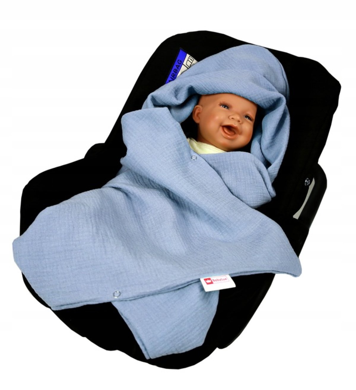 Mušelínová deka s kapucí do autosedačky 90x90 cm - modrá