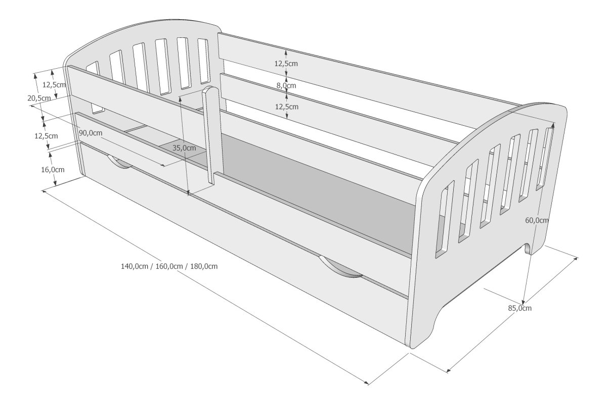 Postel Kvido 160/80 cm - bílá/ šedá + šuplík 
