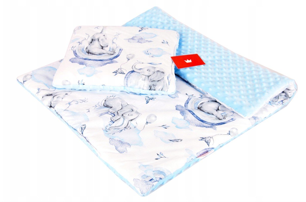 Polštářek + deka do kočárku minky - slůně modrá 