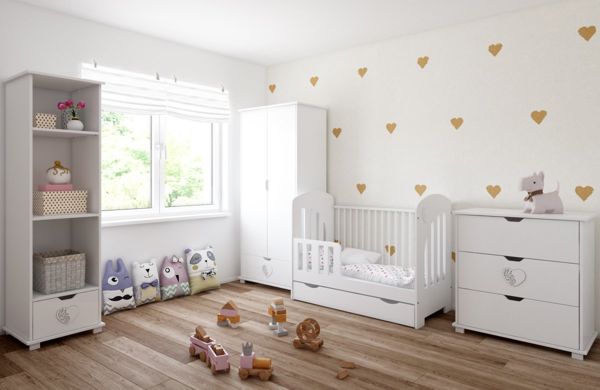 Postýlka 120/60 cm srdíčko se šuplíkem - bílá - 2v1