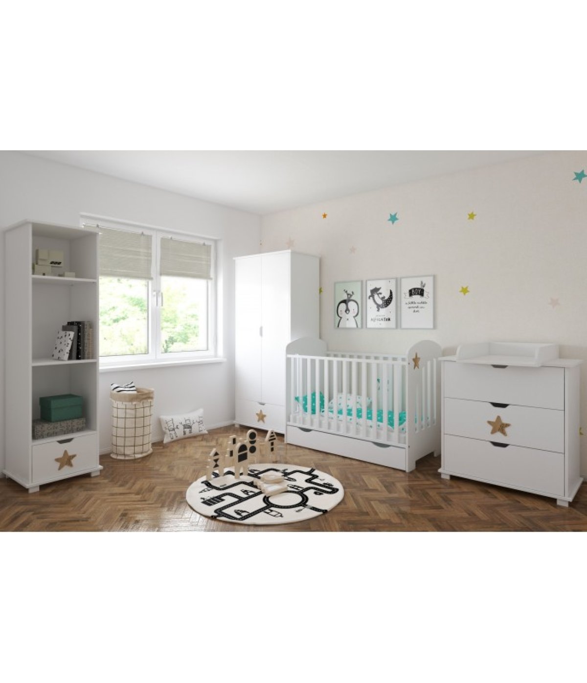 Postýlka 120/60 cm Star se šuplíkem - bílá - 2v1