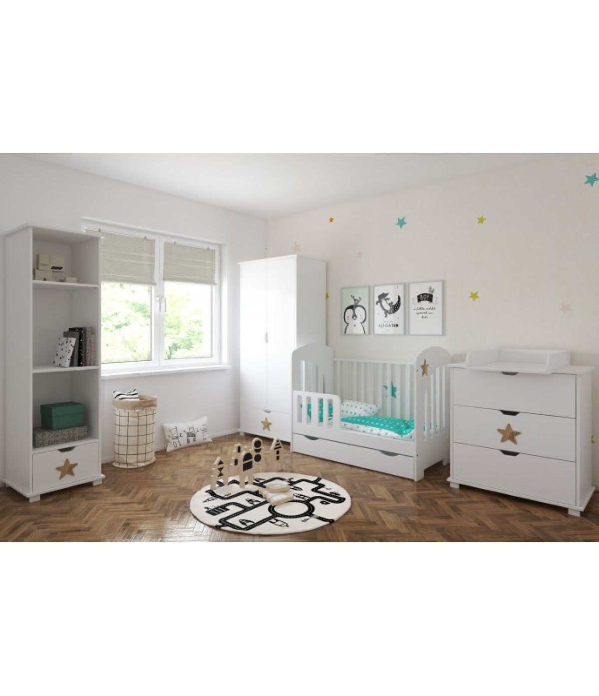 Postýlka 120/60 cm Star se šuplíkem - bílá - 2v1