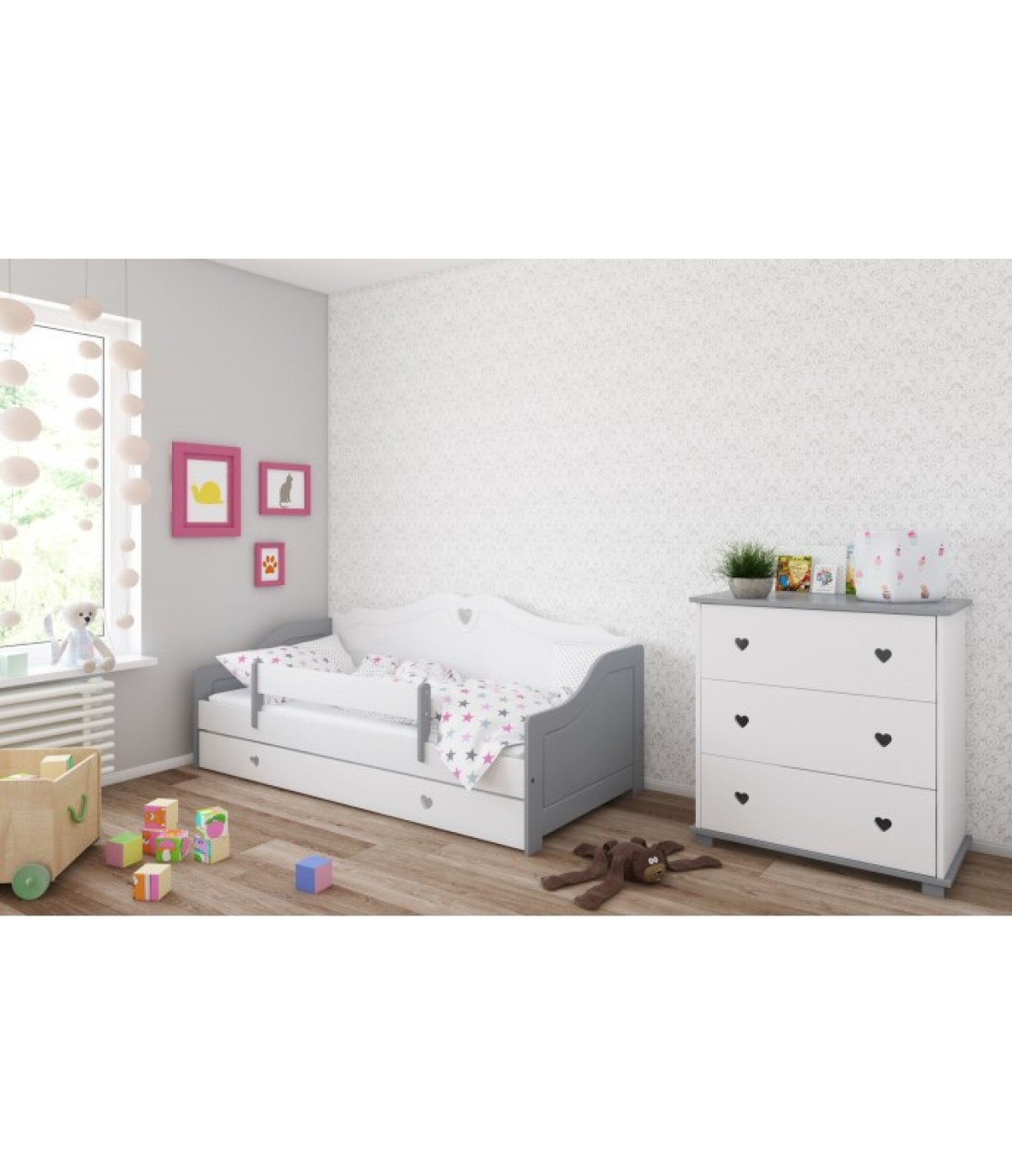 Postel Zina 180/80 cm - šedá/ bílá + šuplík 