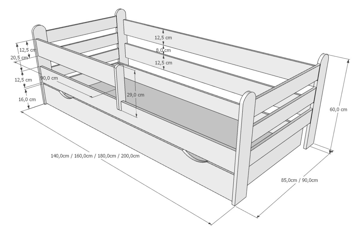 Postel Ronda 160/80 cm - bílá/ šedá + šuplík 
