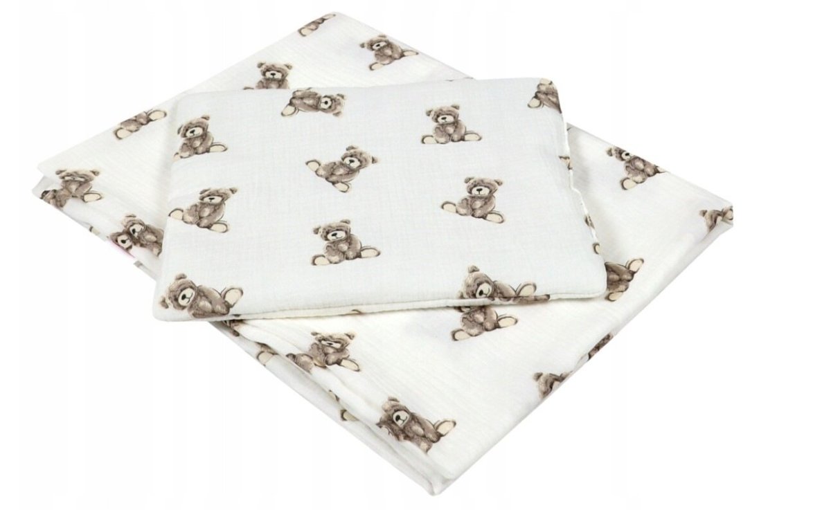 Polštářek + deka do kočárku mušelín - medvídci