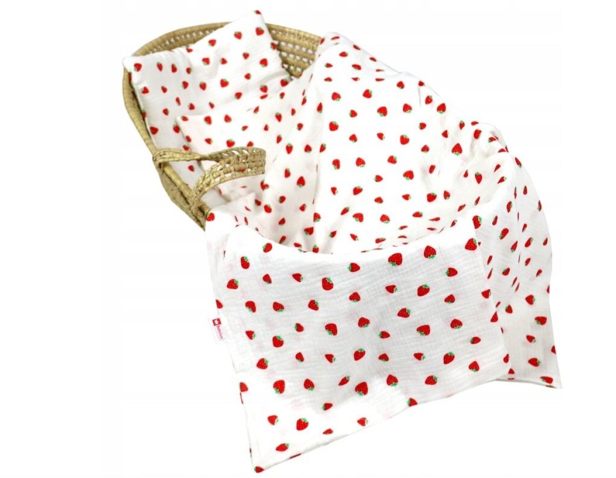 Polštářek + deka do kočárku mušelín - jahody