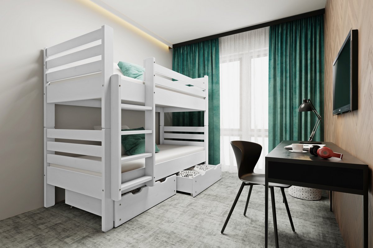 Patrová postel MIKOL 2v1 200x90 cm bílá + rošty ZDARMA