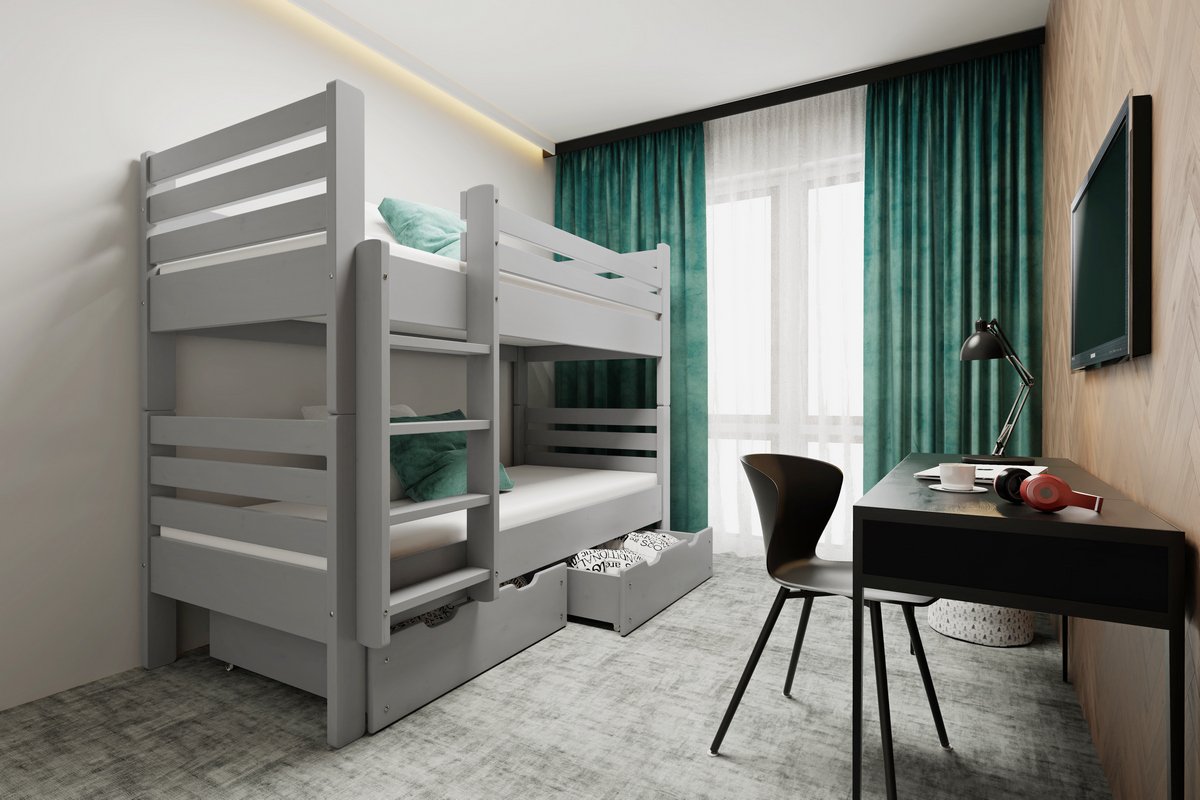 Patrová postel MIKOL 2v1 - 200x90 cm šedá + šuplíky + rošty ZDARMA