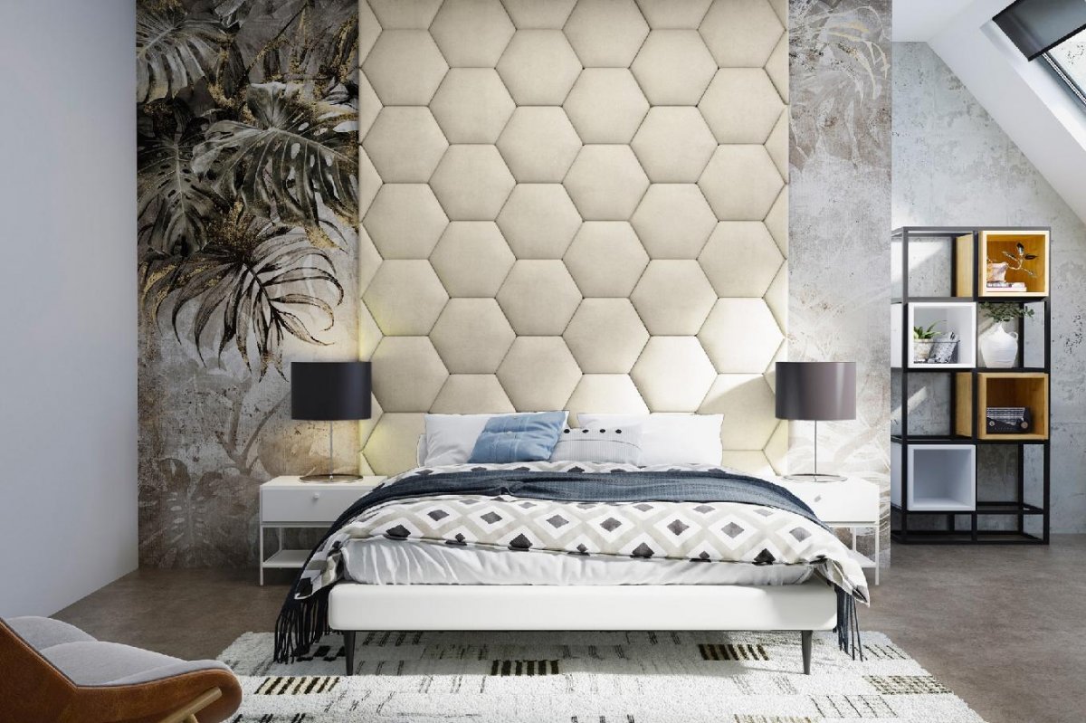 Čalouněný nástěnný panel Hexagon krémová