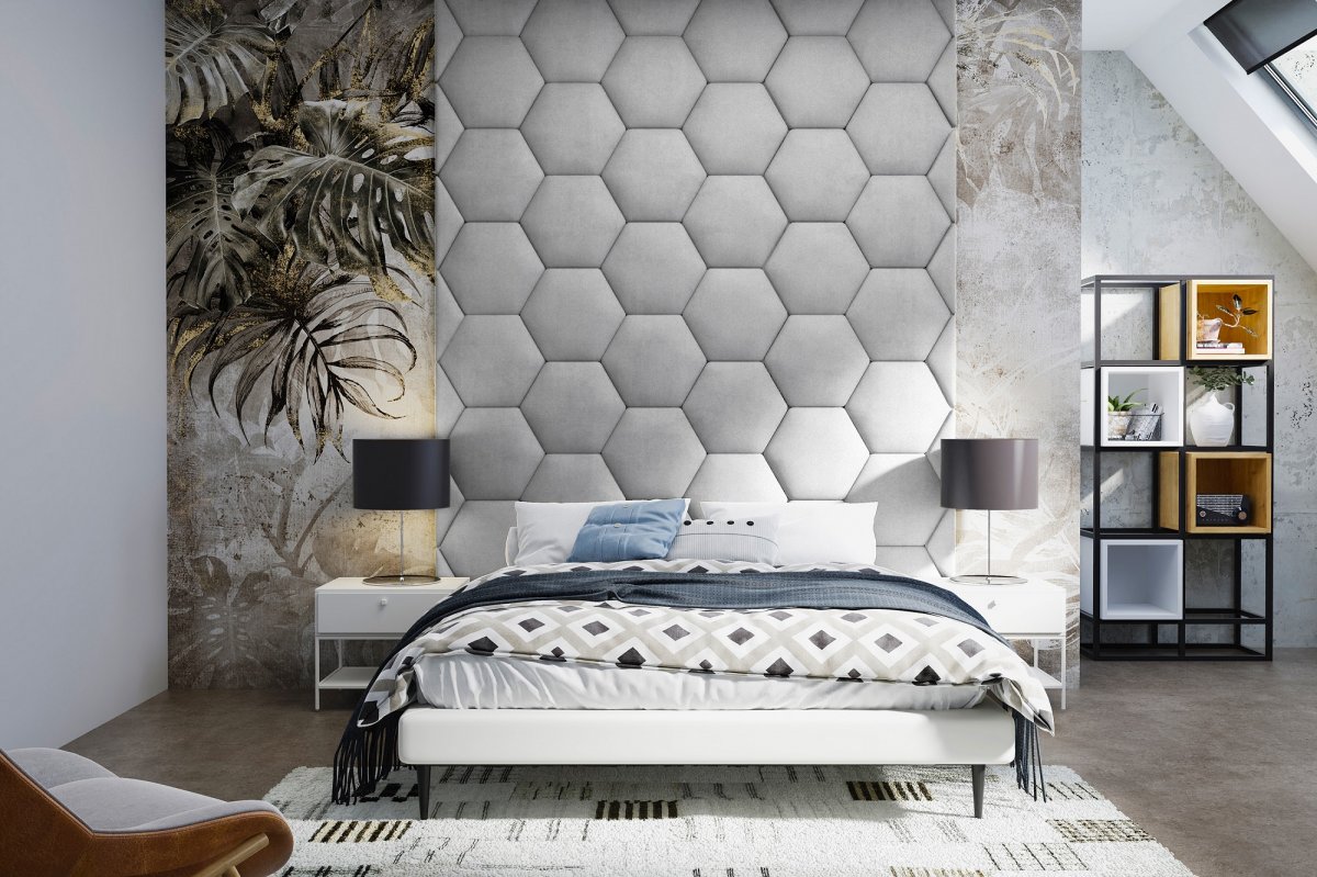 Čalouněný nástěnný panel Hexagon popelavá