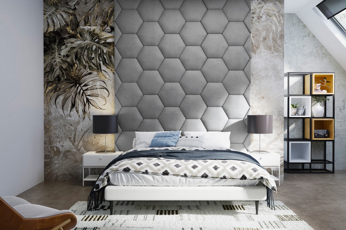 Čalouněný nástěnný panel Hexagon šedá