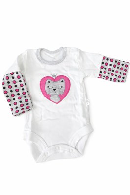 Kojenecké bavlněné body -bílé s kočkou