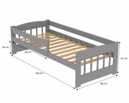 Postel Edík z masivu borovice 160/80 cm - ŠEDÁ + rošt ZDARMA