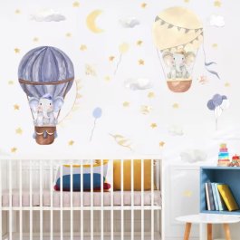 Dětská samolepící dekorace na zeď - Sloníci v létacích balónech