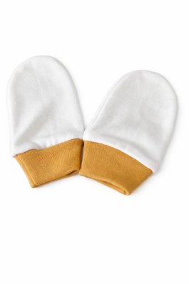 Kojenecké bavlněné rukavičky - ecru hořčice lem